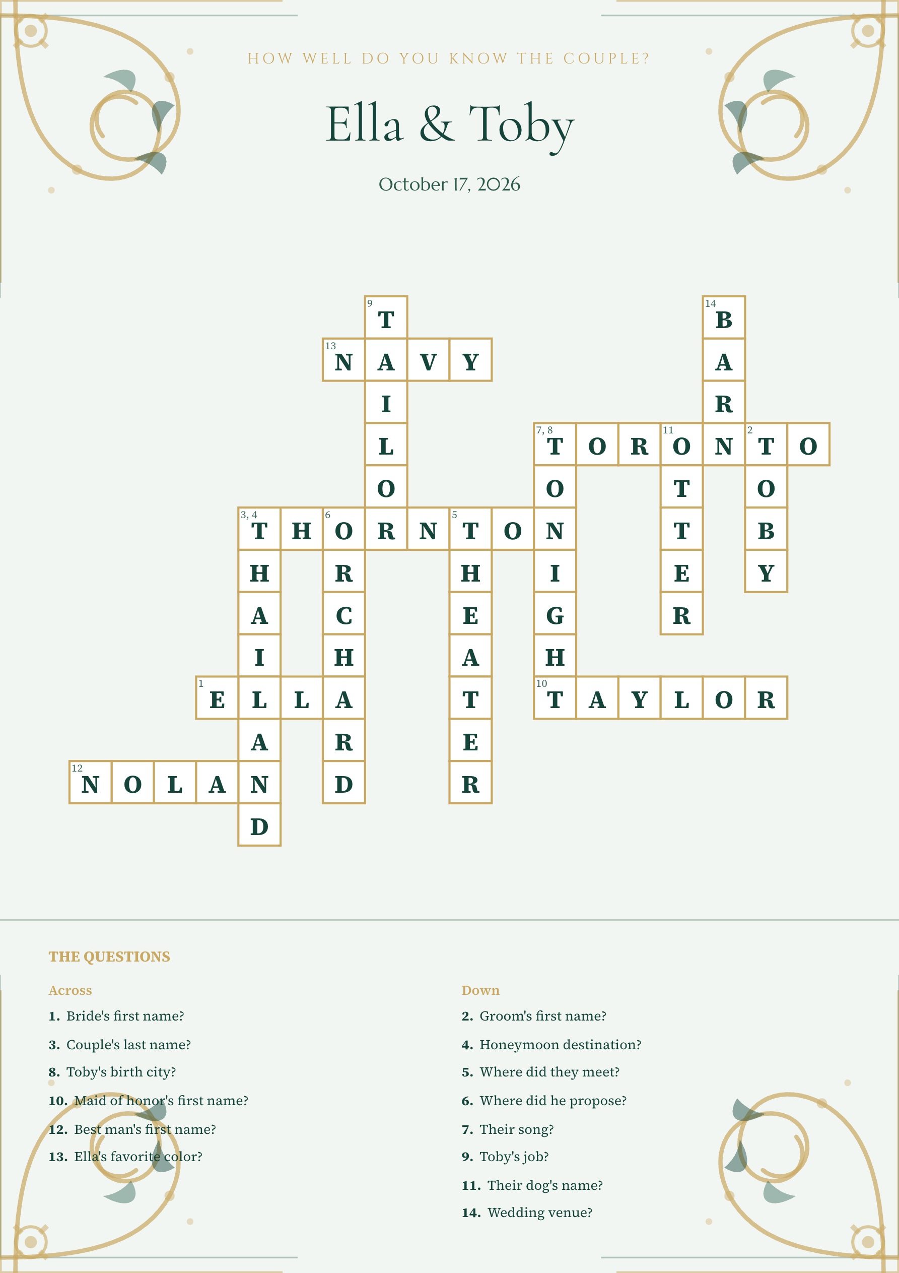 Sample wedding crossword Ella & Toby
