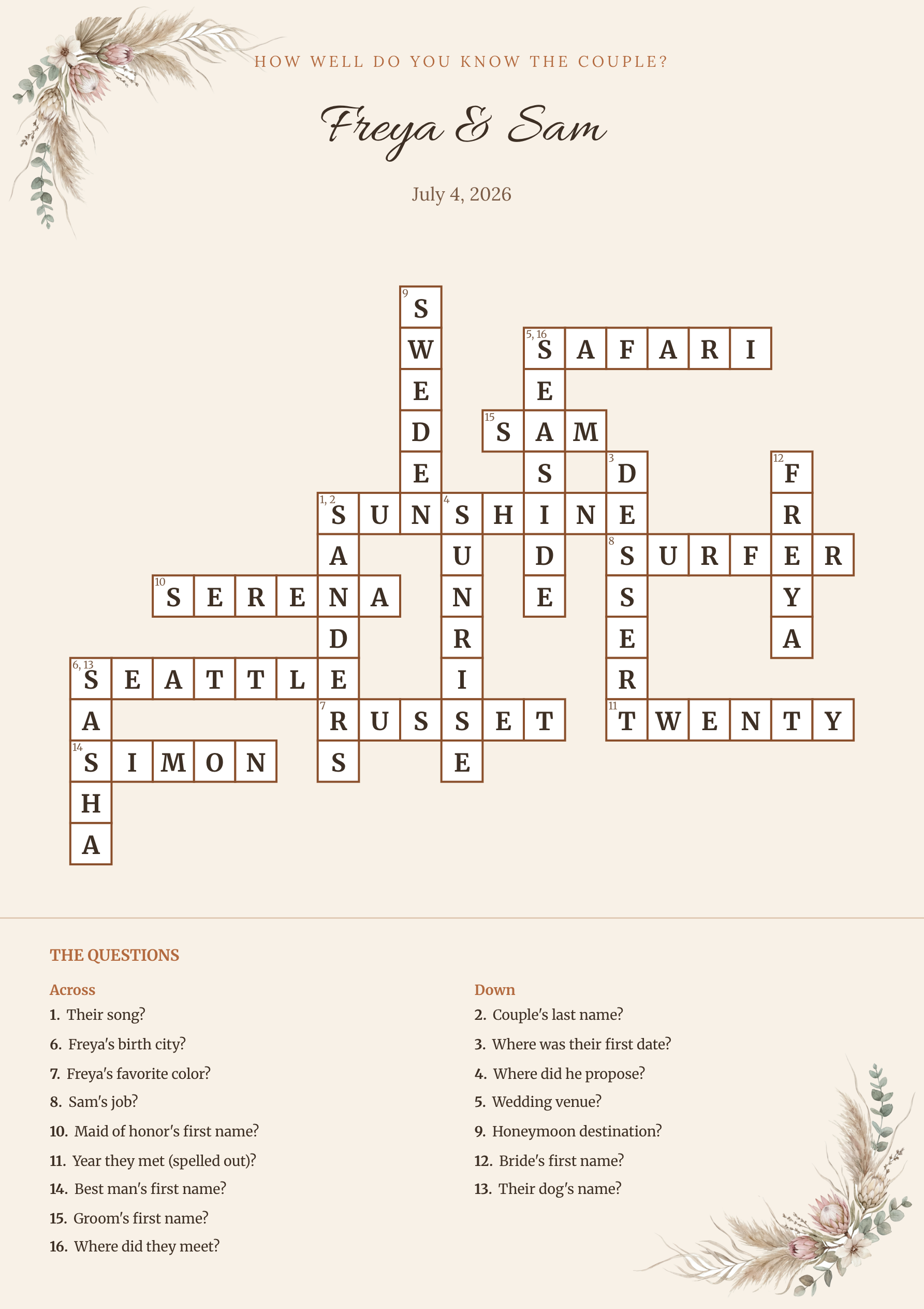 Sample wedding crossword Freya & Sam