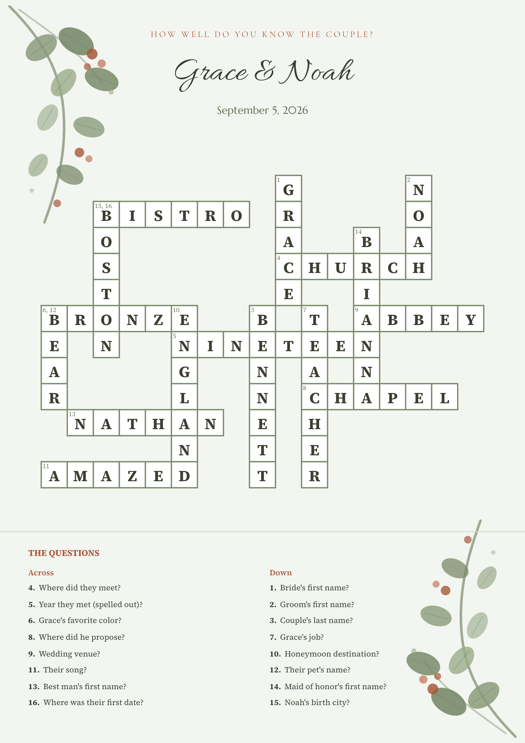 Sample wedding crossword Grace & Noah