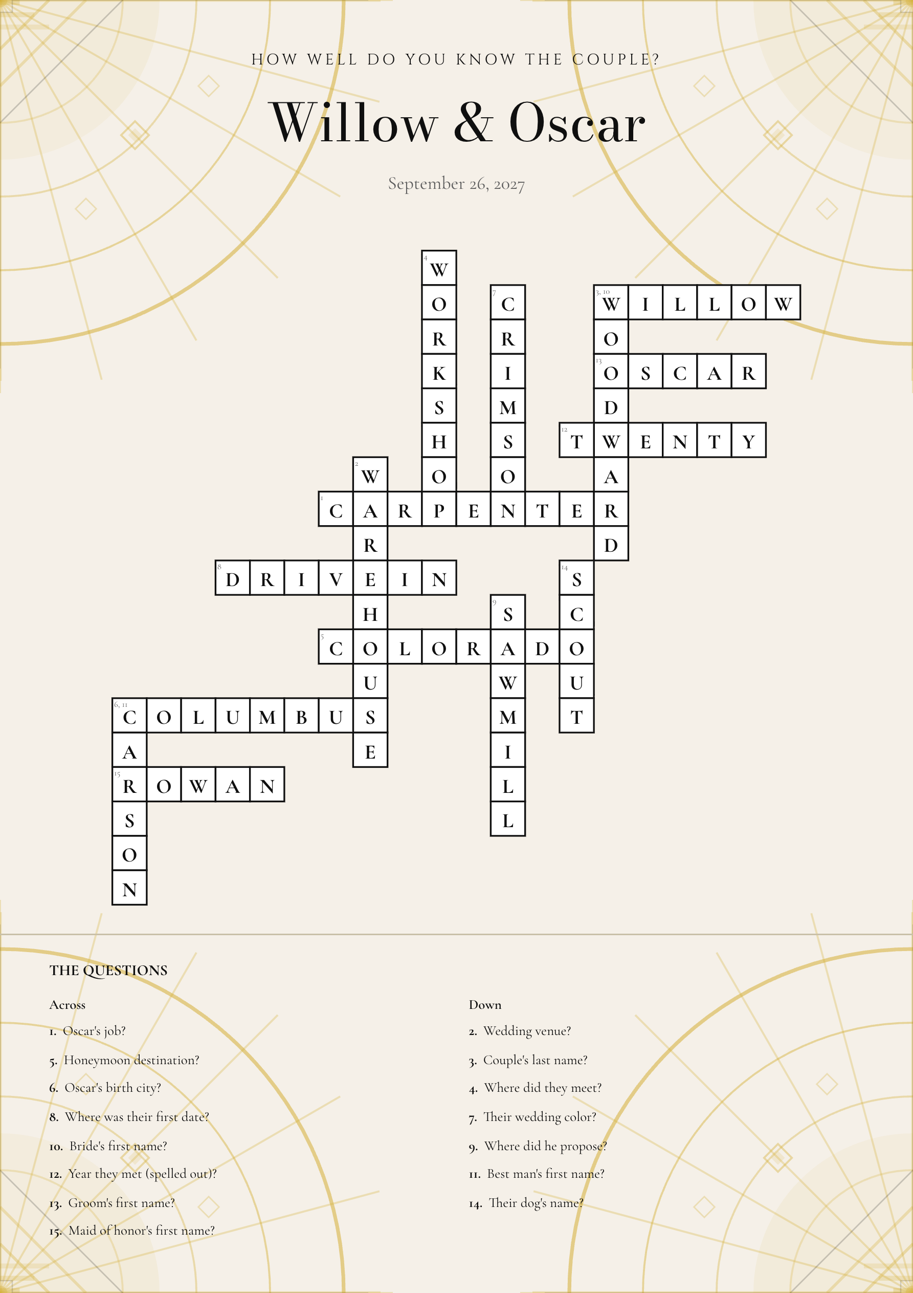 Sample wedding crossword Willow & Oscar