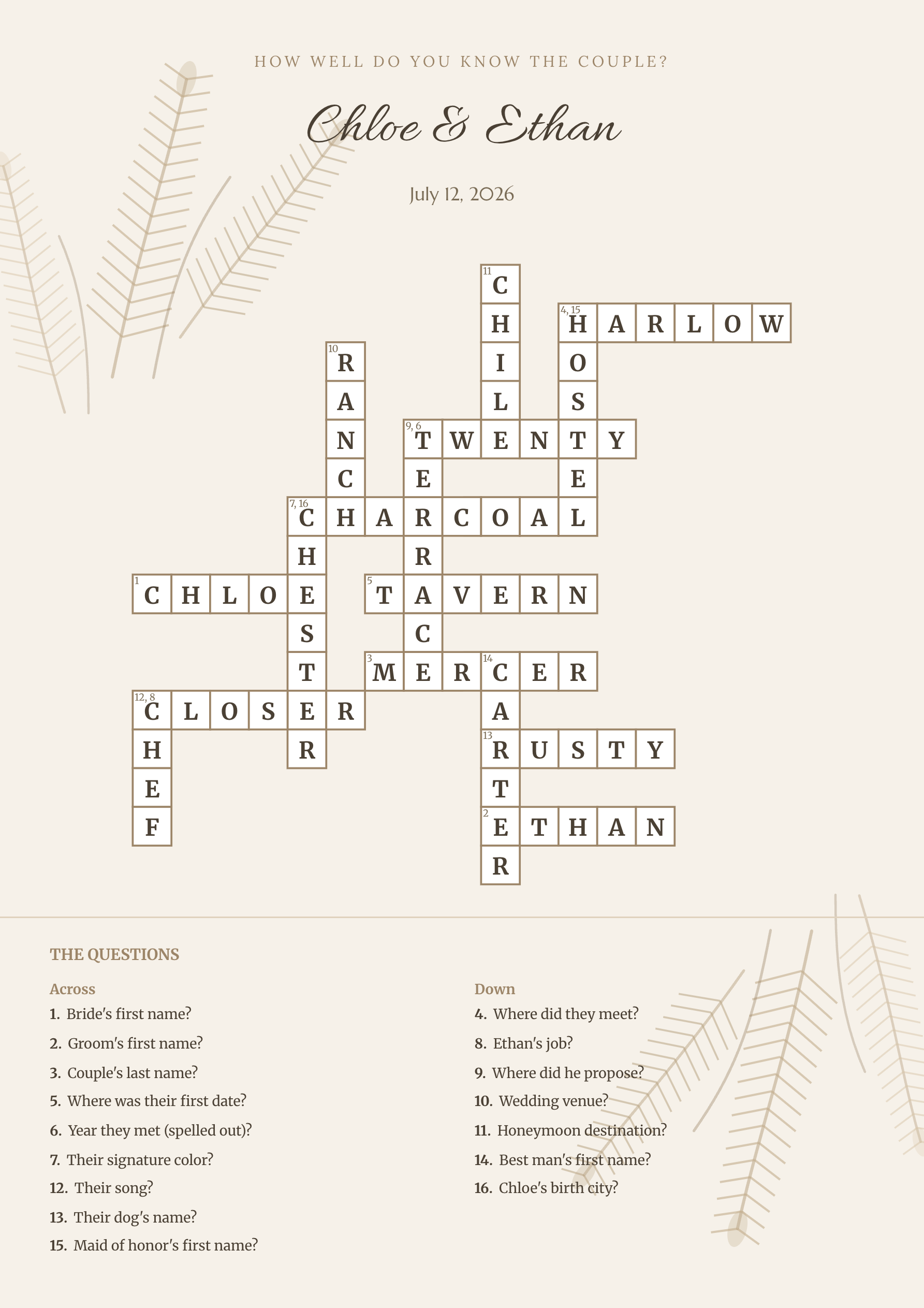 Sample wedding crossword Chloe & Ethan