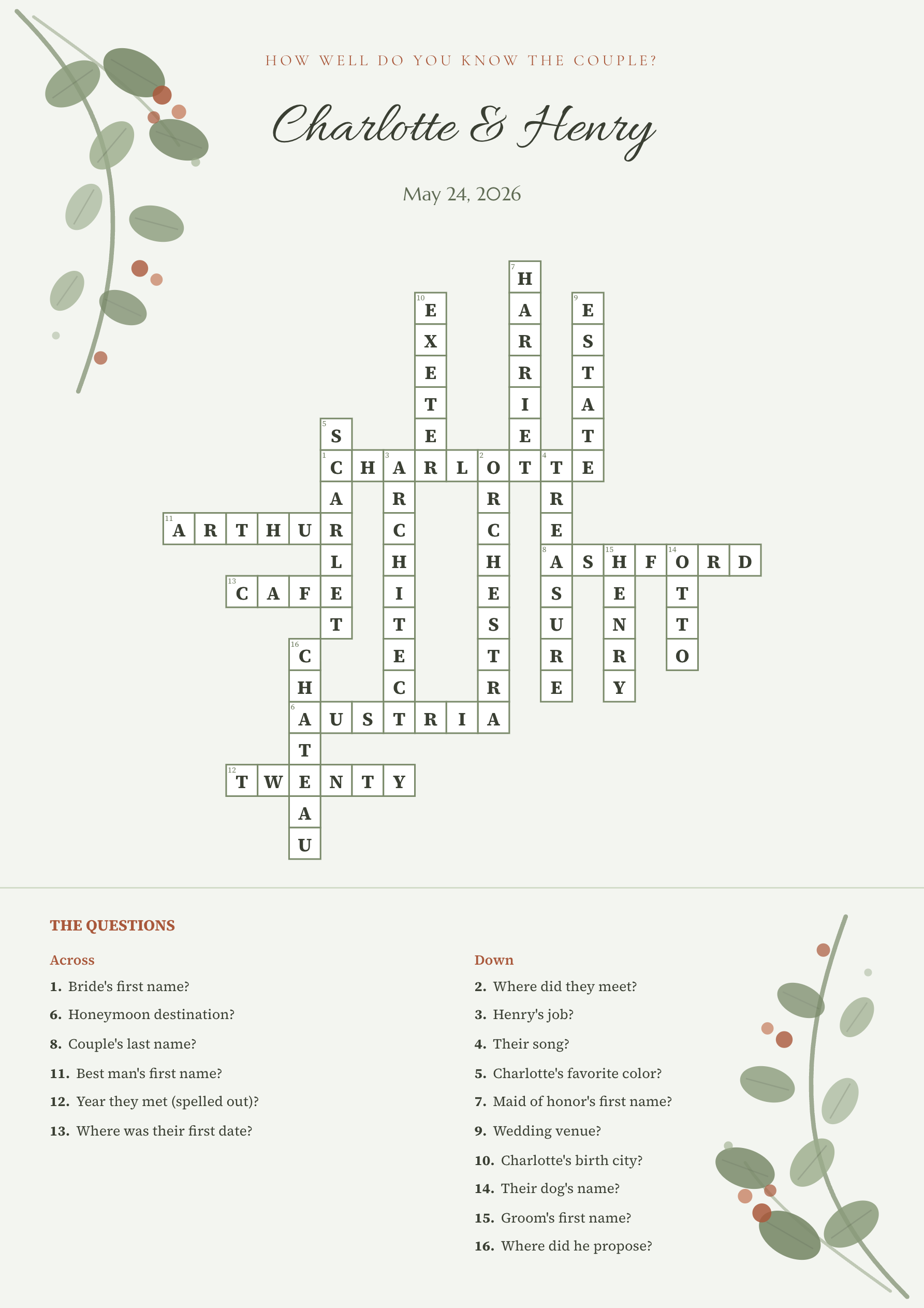Sample wedding crossword Charlotte & Henry