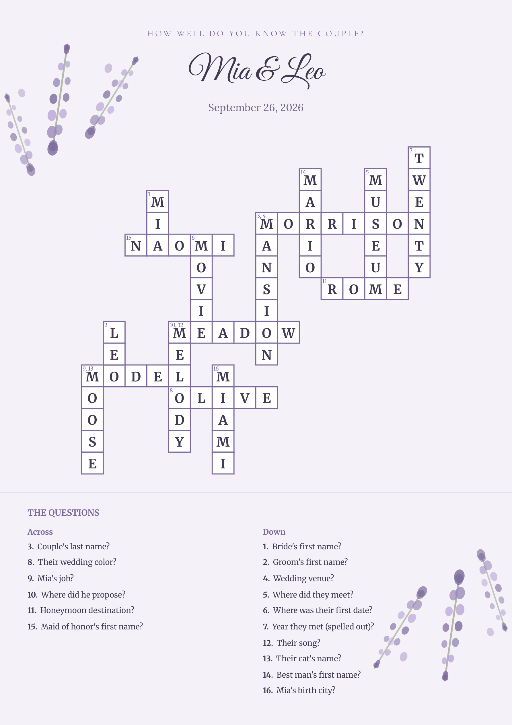 Sample wedding crossword Mia & Leo