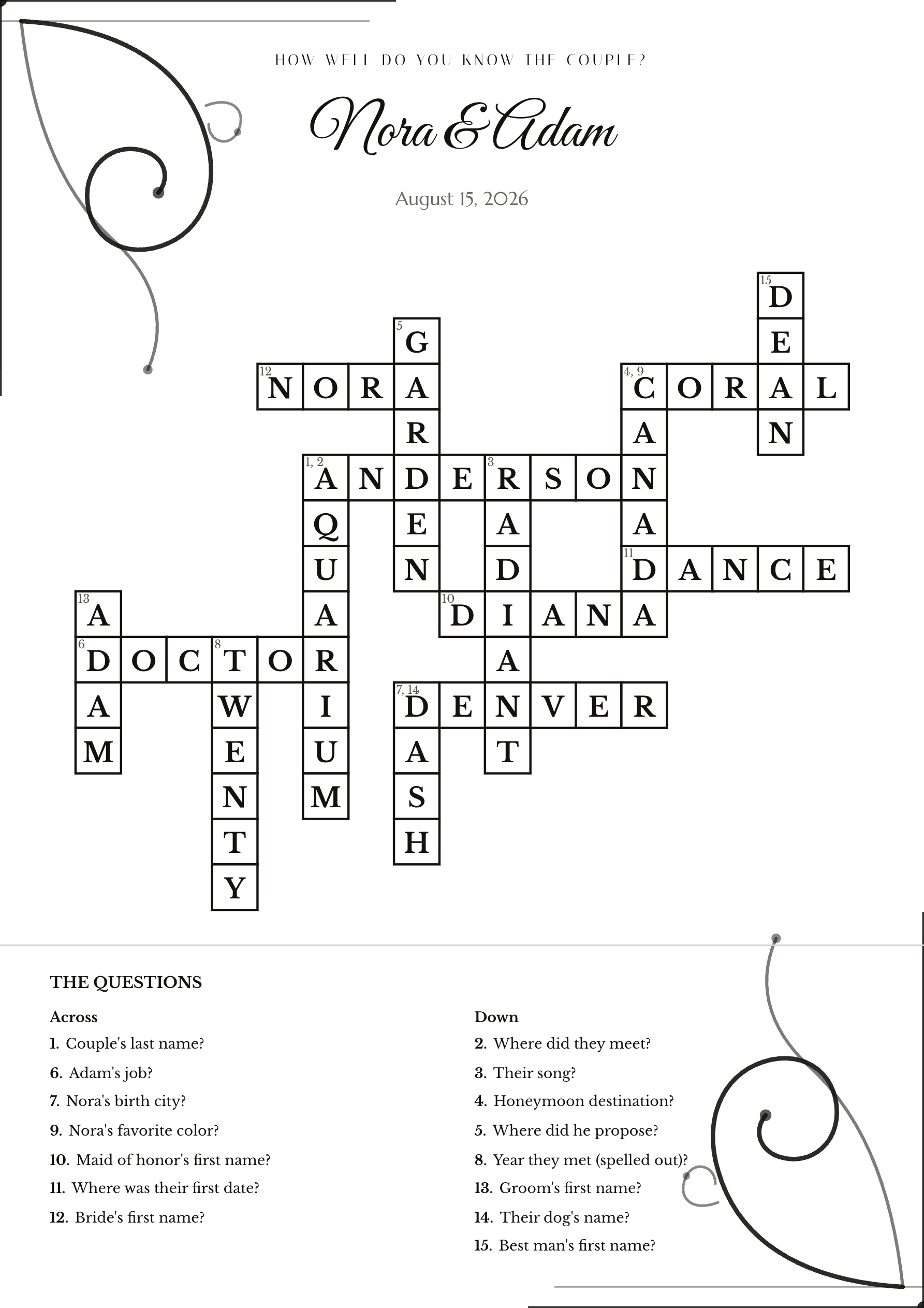 Sample wedding crossword Nora & Adam