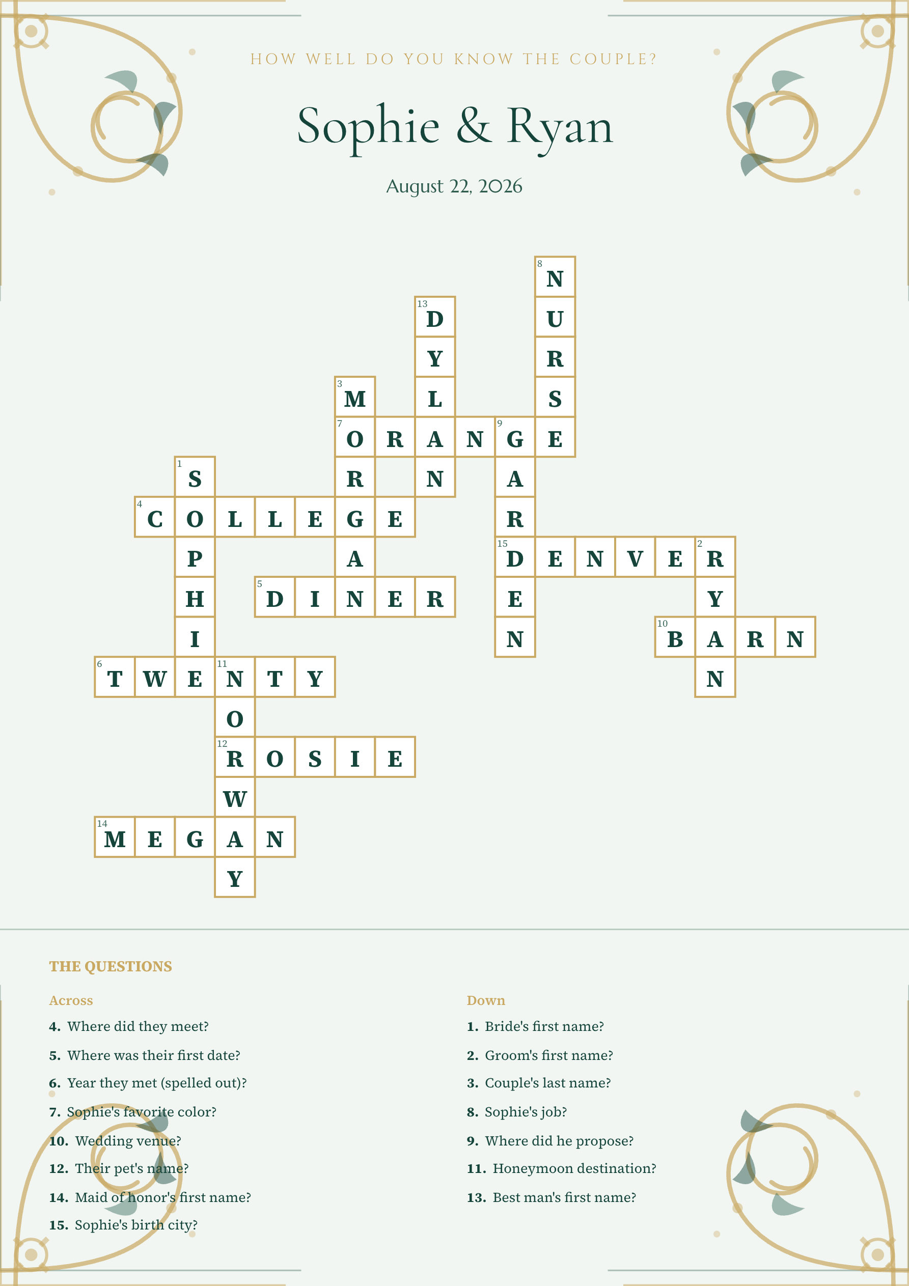 Sample wedding crossword Sophie & Ryan