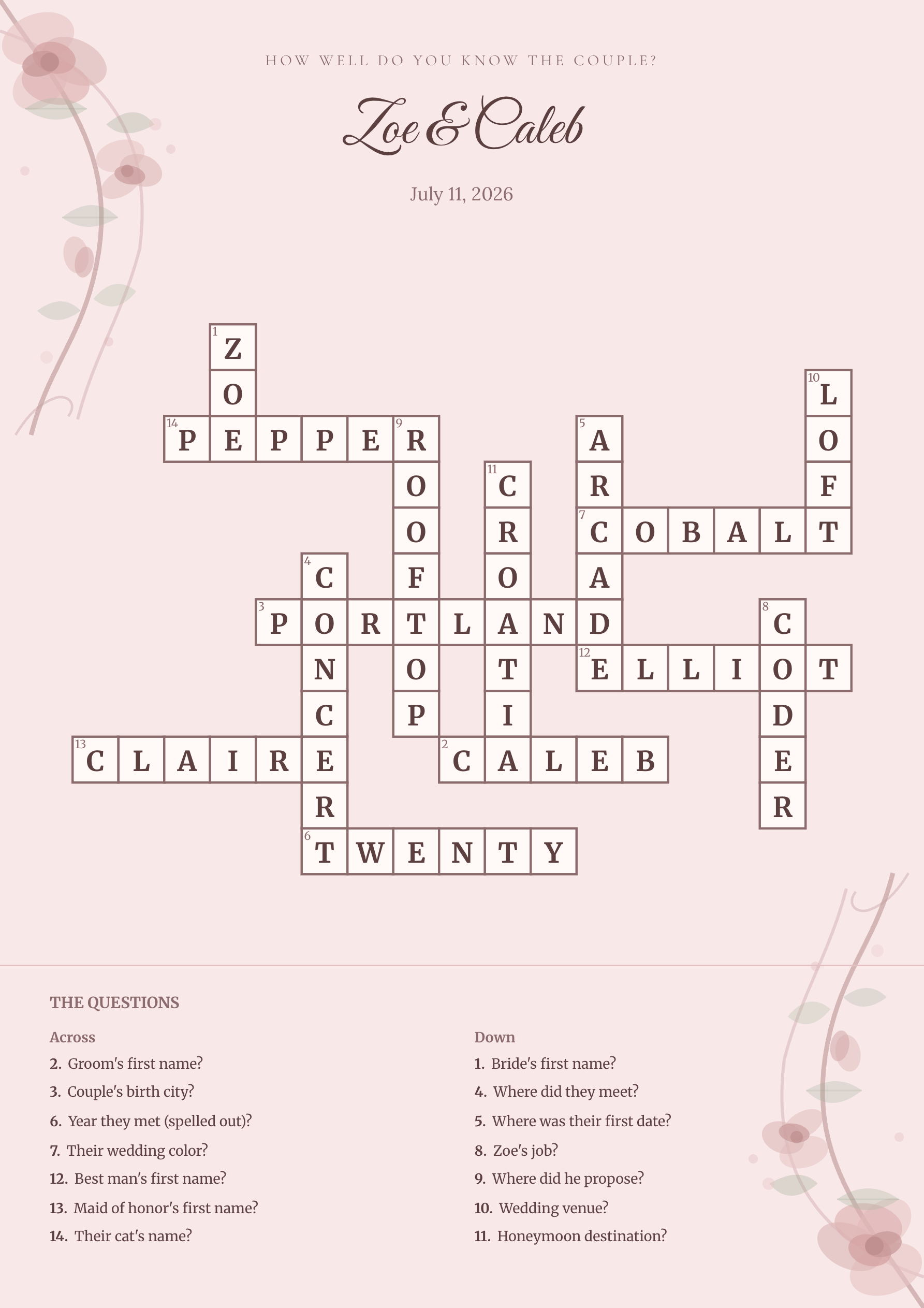 Sample wedding crossword Zoe & Caleb