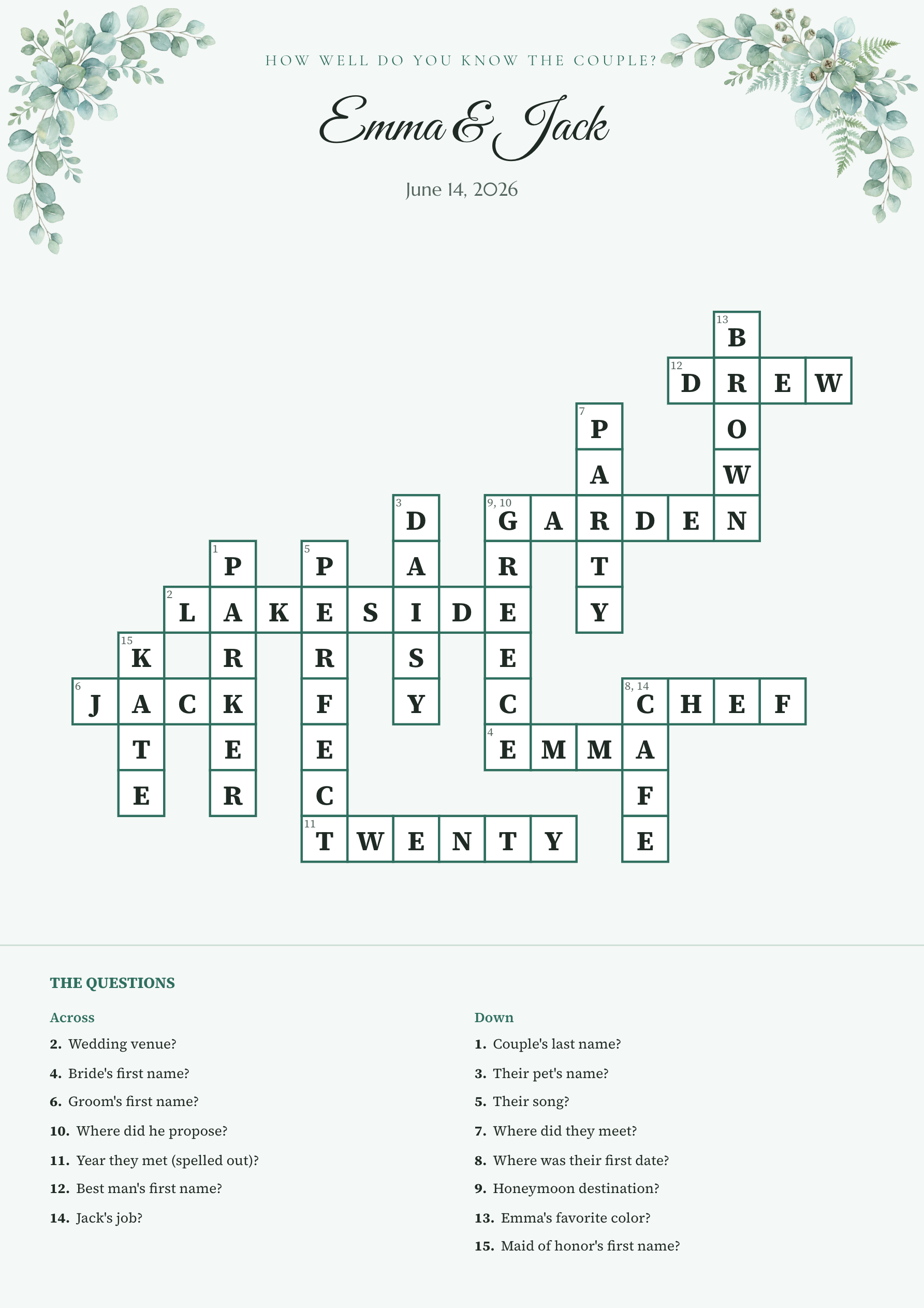 Sample wedding crossword Emma & Jack
