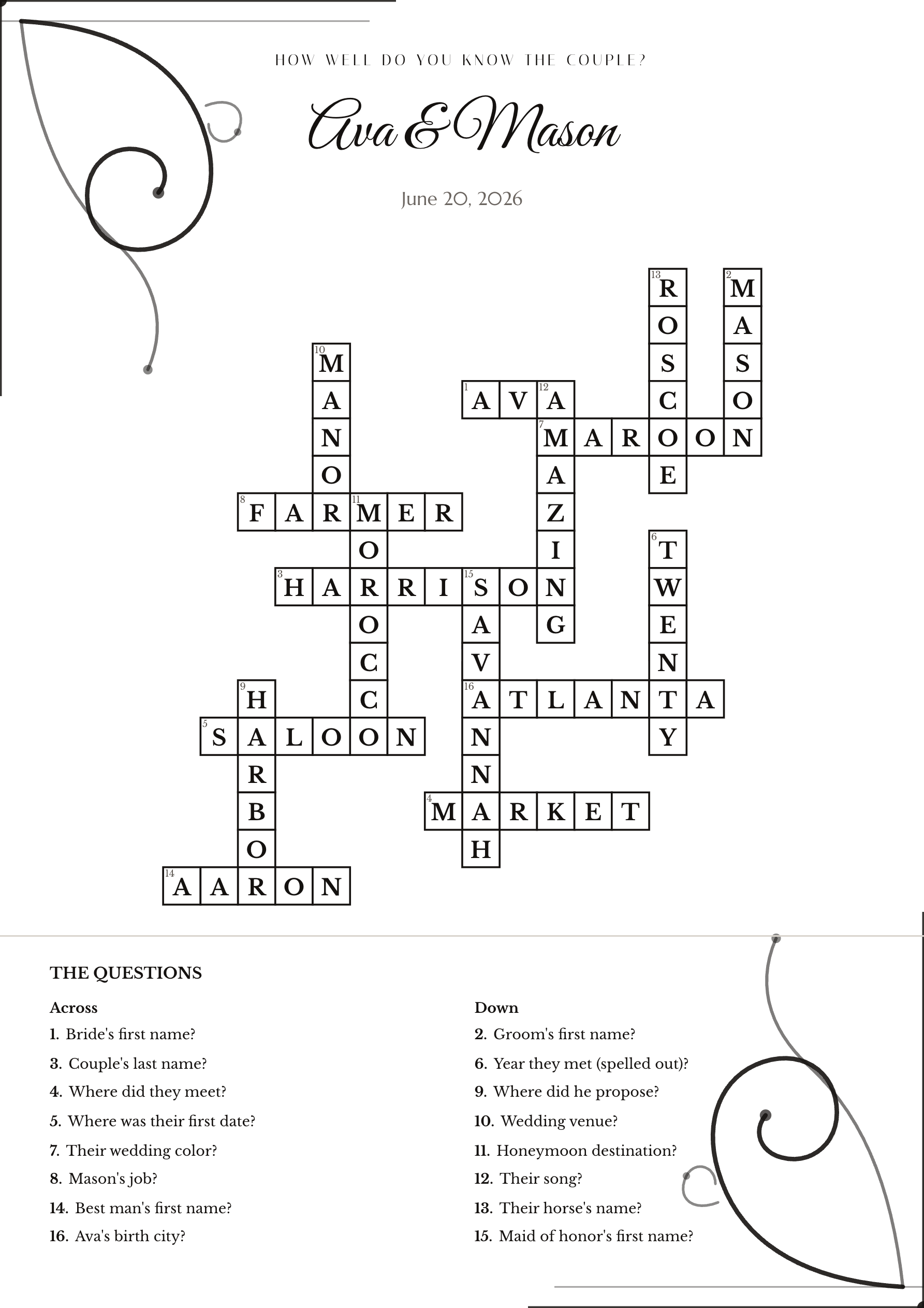Sample wedding crossword Ava & Mason