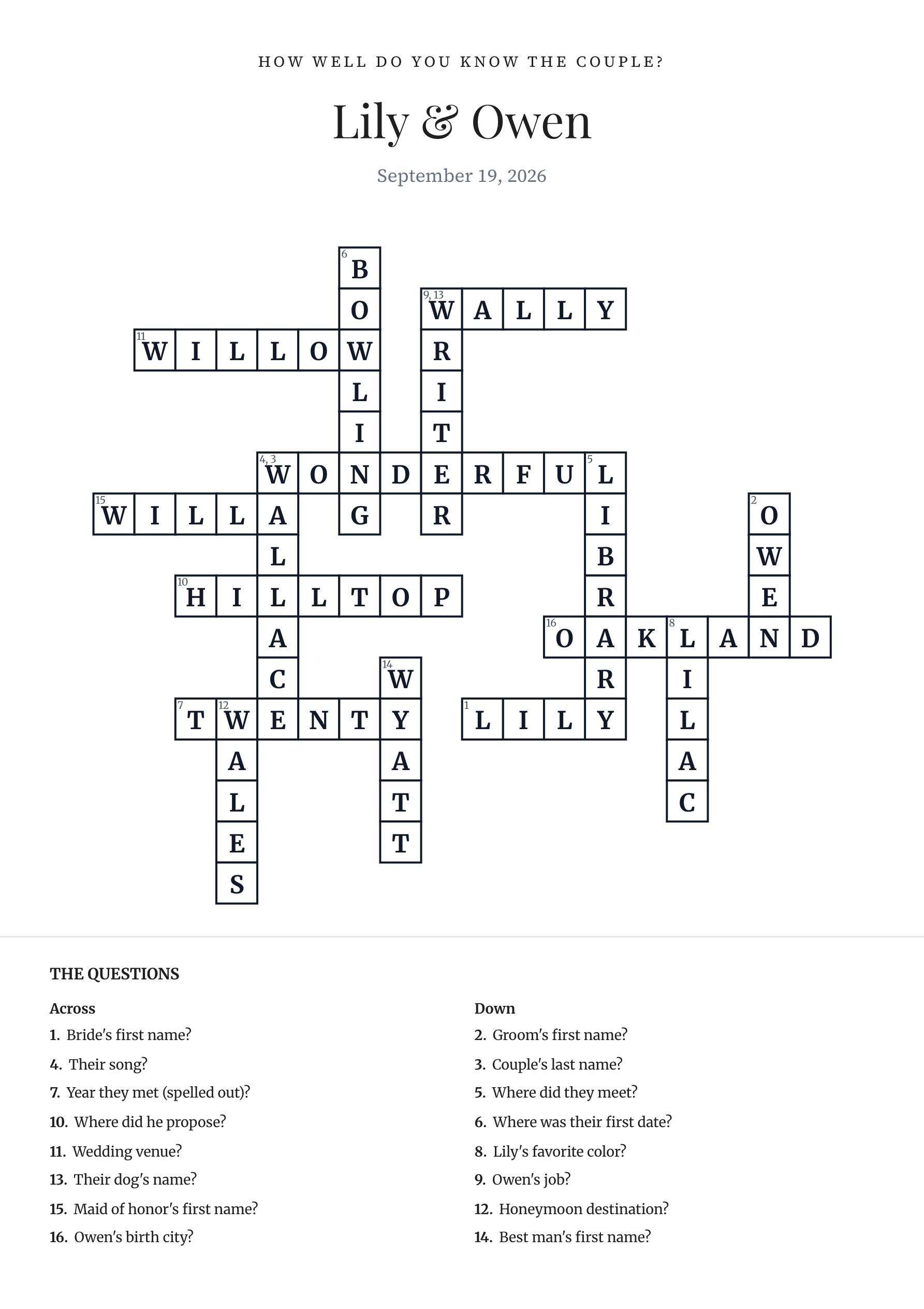 Sample wedding crossword Lily & Owen