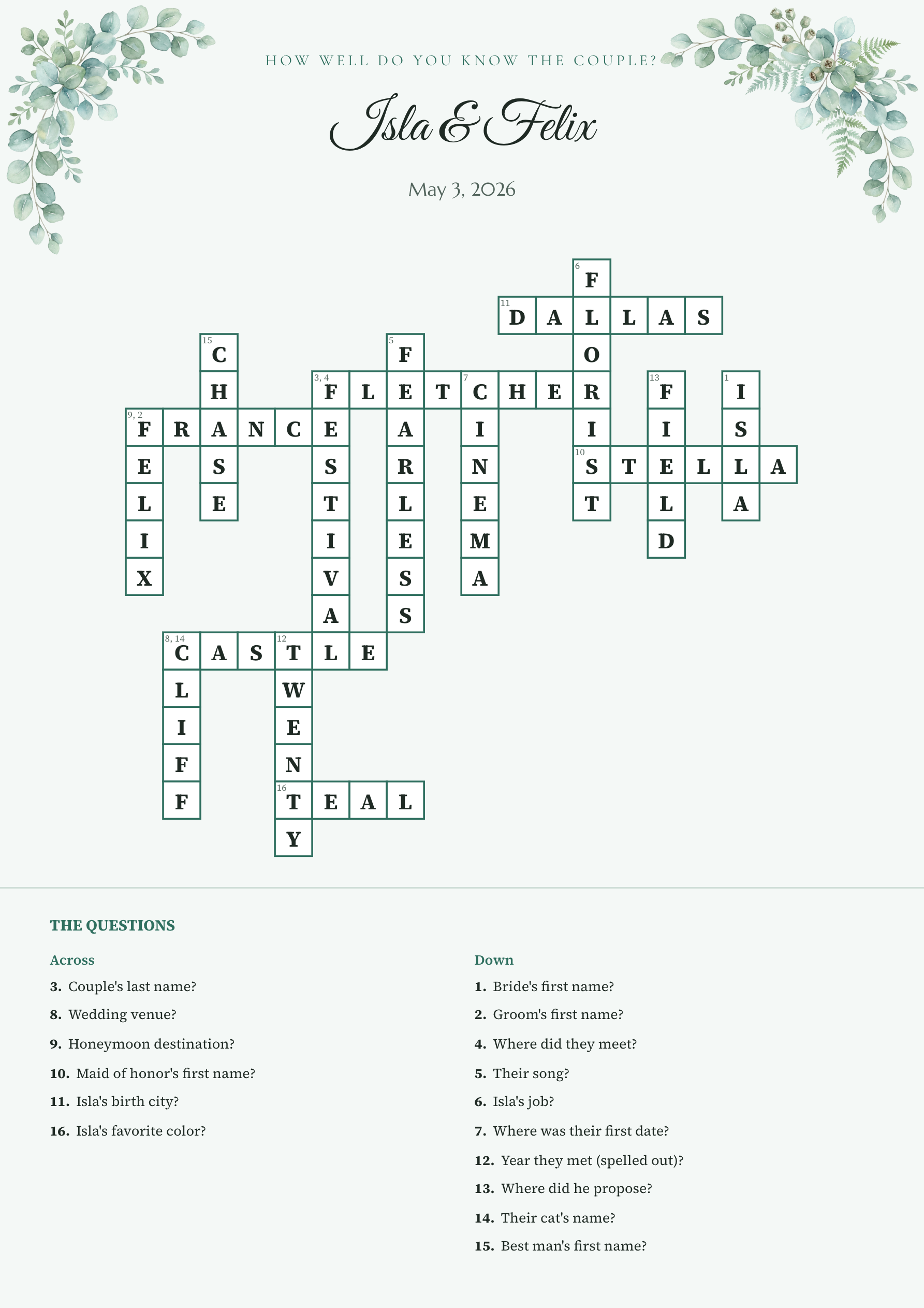 Sample wedding crossword Isla & Felix