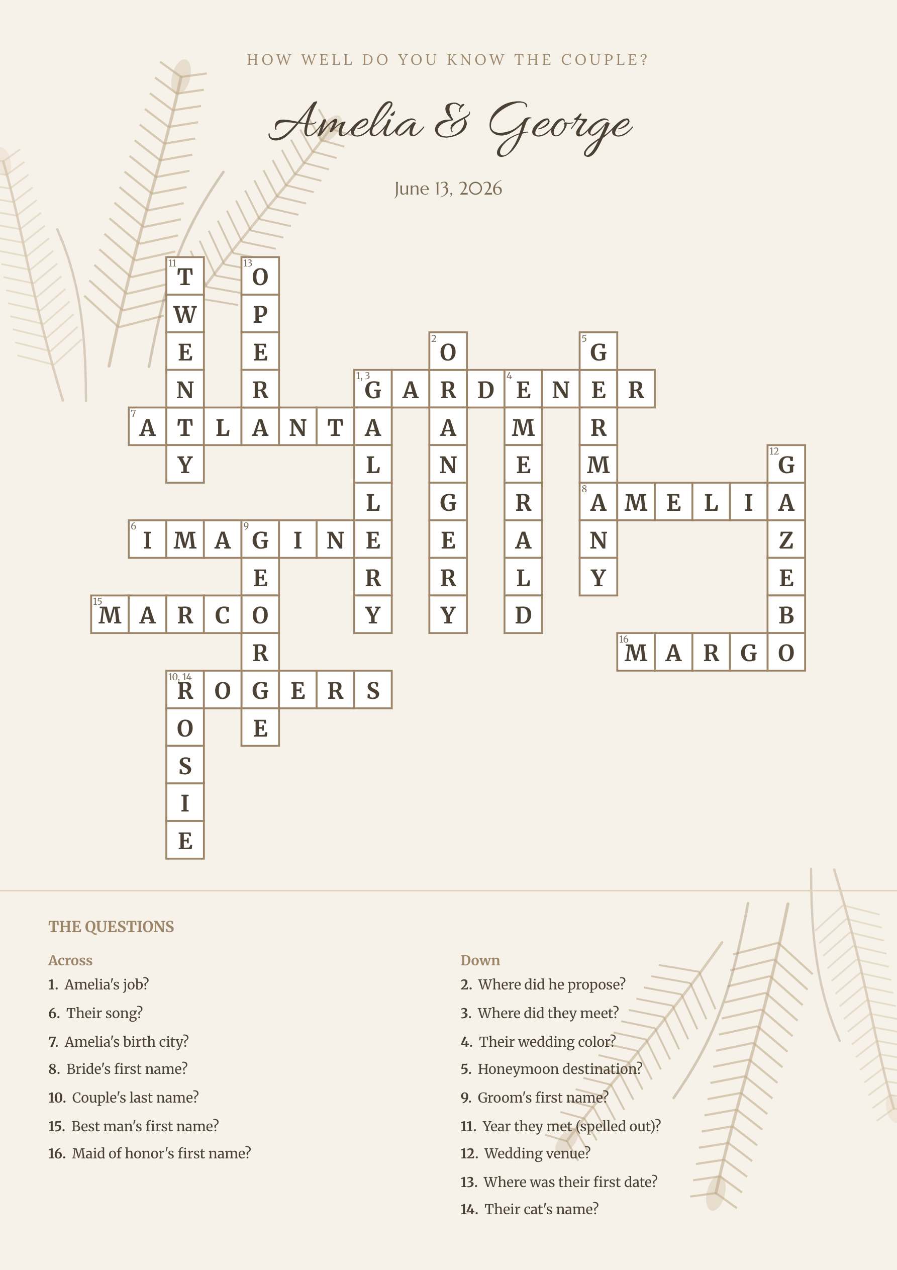 Sample wedding crossword Amelia & George