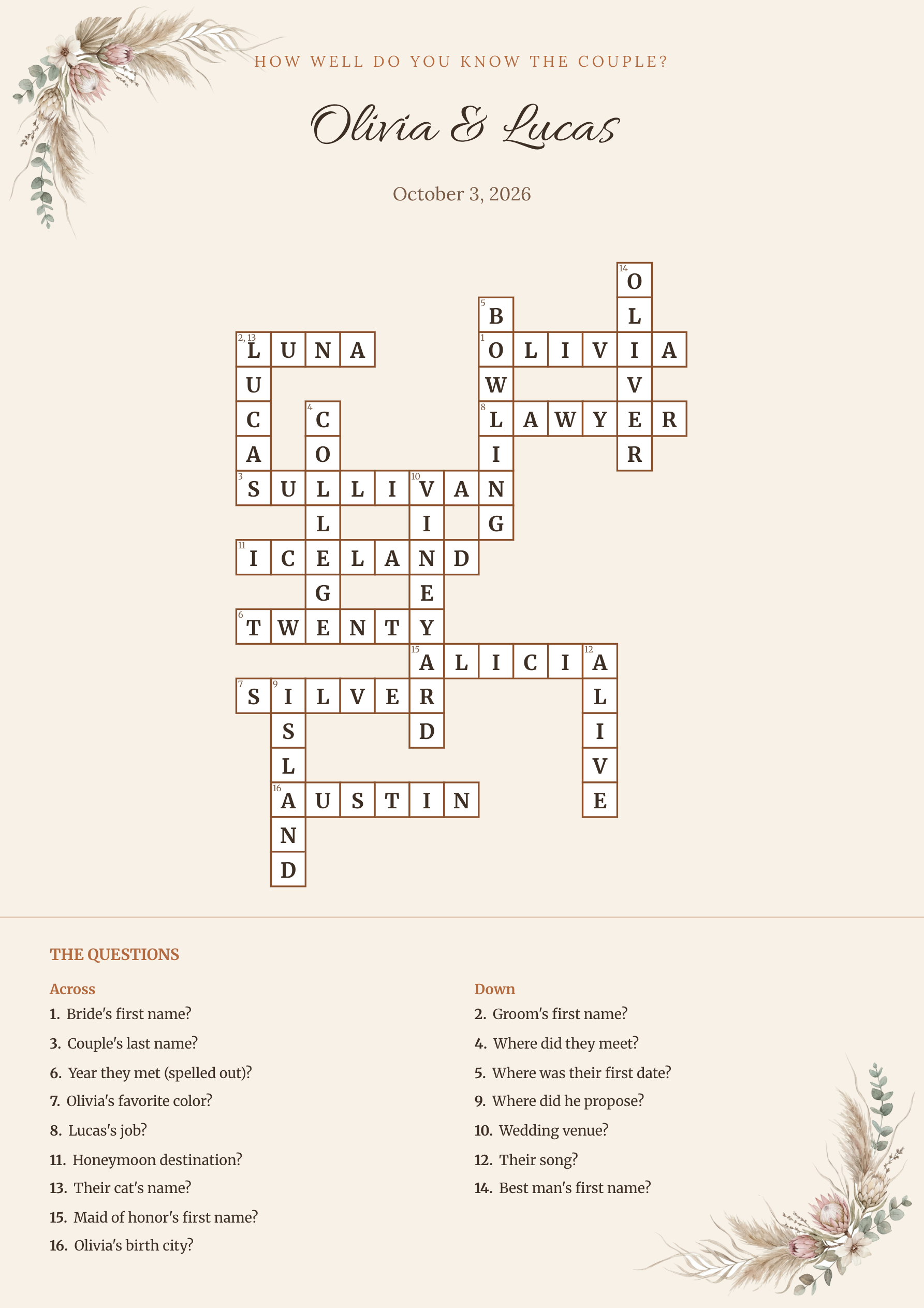 Sample wedding crossword Olivia & Lucas