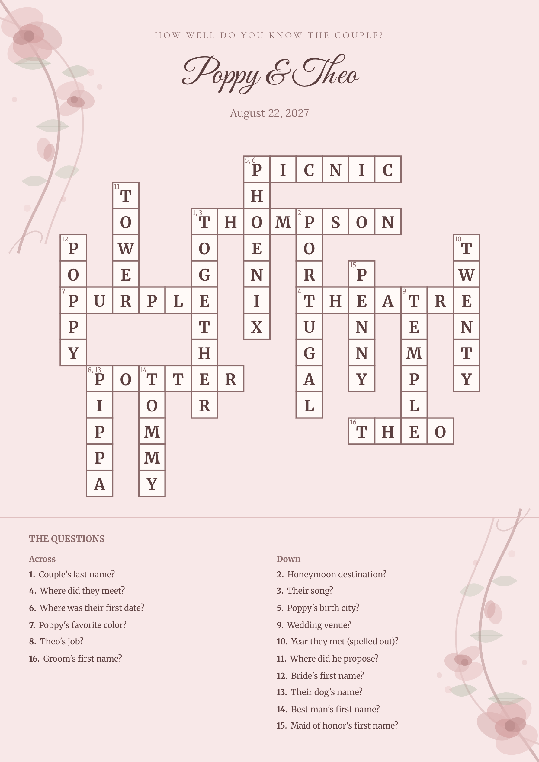 Sample wedding crossword Poppy & Theo