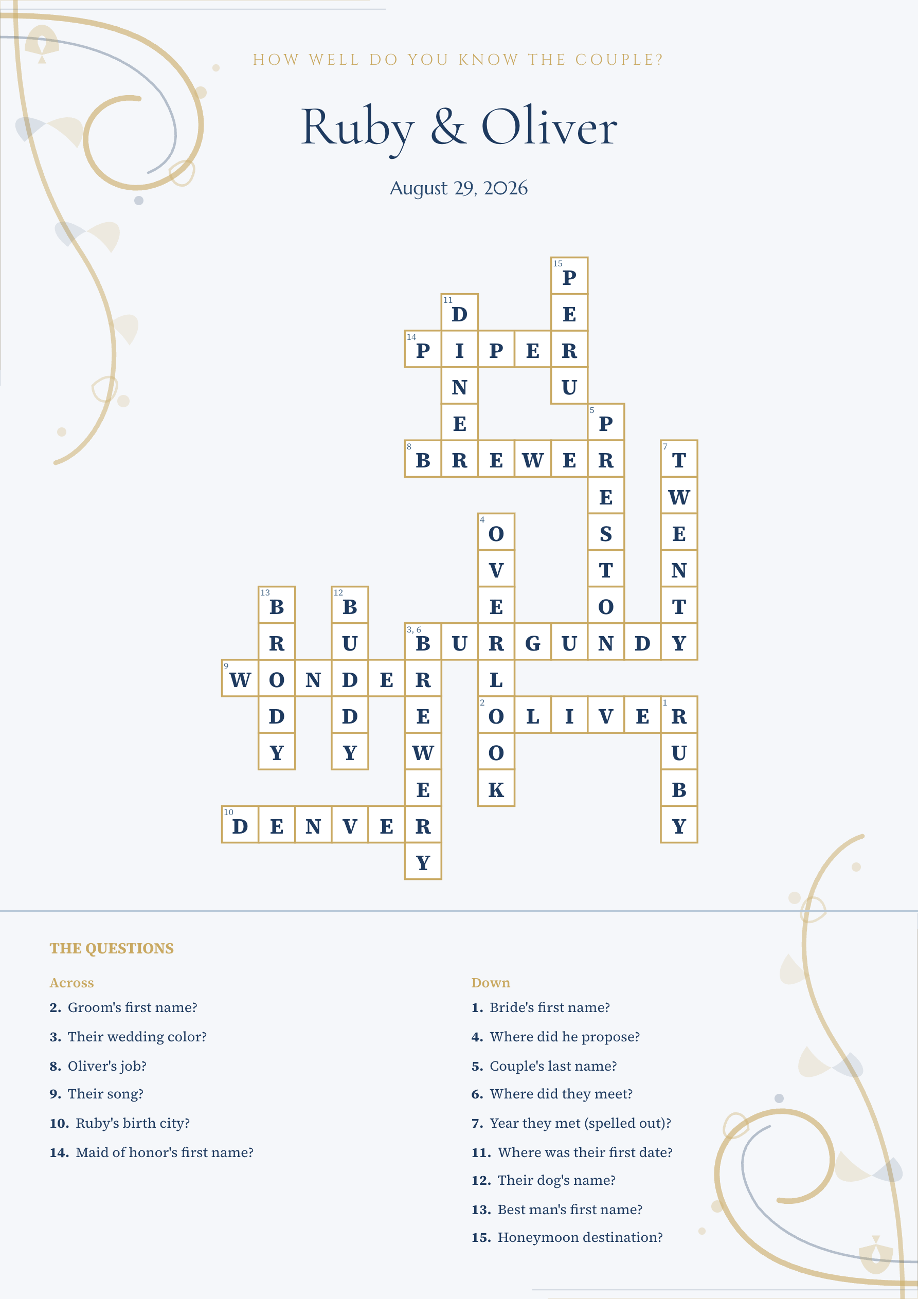 Sample wedding crossword Ruby & Oliver