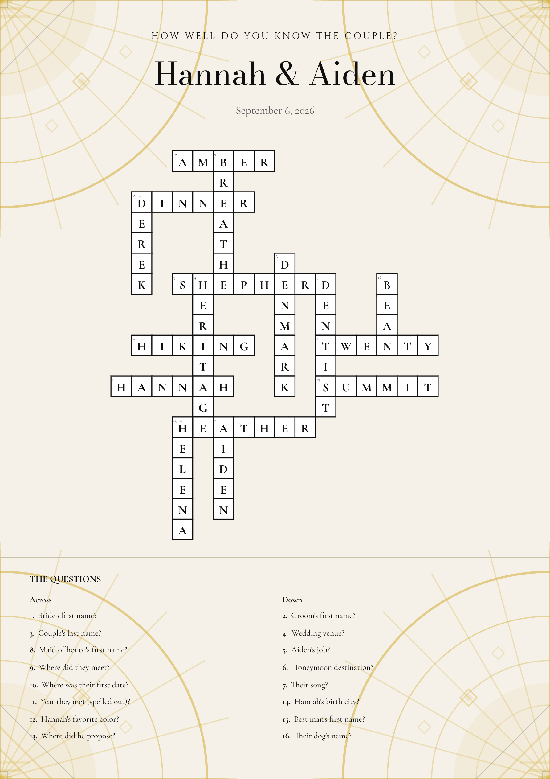 Sample wedding crossword Hannah & Aiden